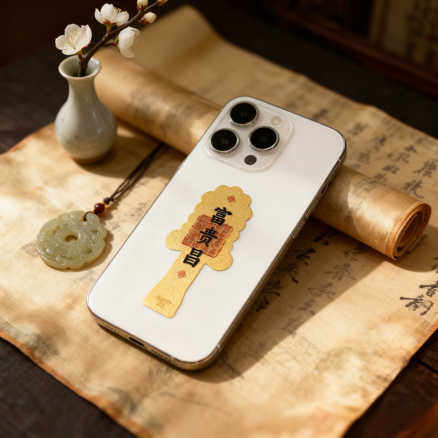 Certified 24K Gold Foil Phone Fortune Charm  |  Dual Blessing Collectible (Money Tree & Fu Gui Chang)